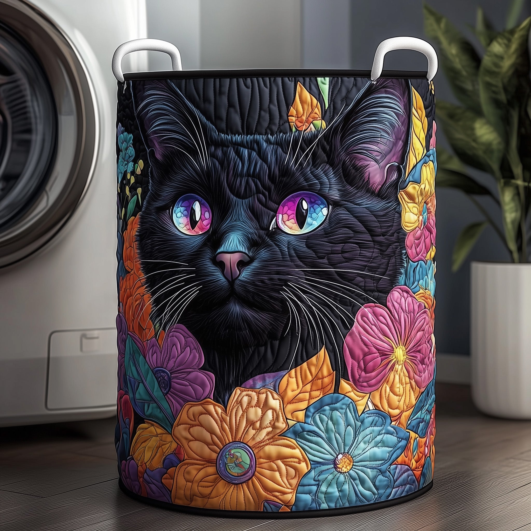 Floral Black Cat Quilted Laundry Basket Holiday Gift For Laundry Lovers