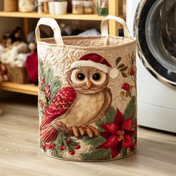 Holiday Owl Quilted Laundry Basket Holiday Season Merch