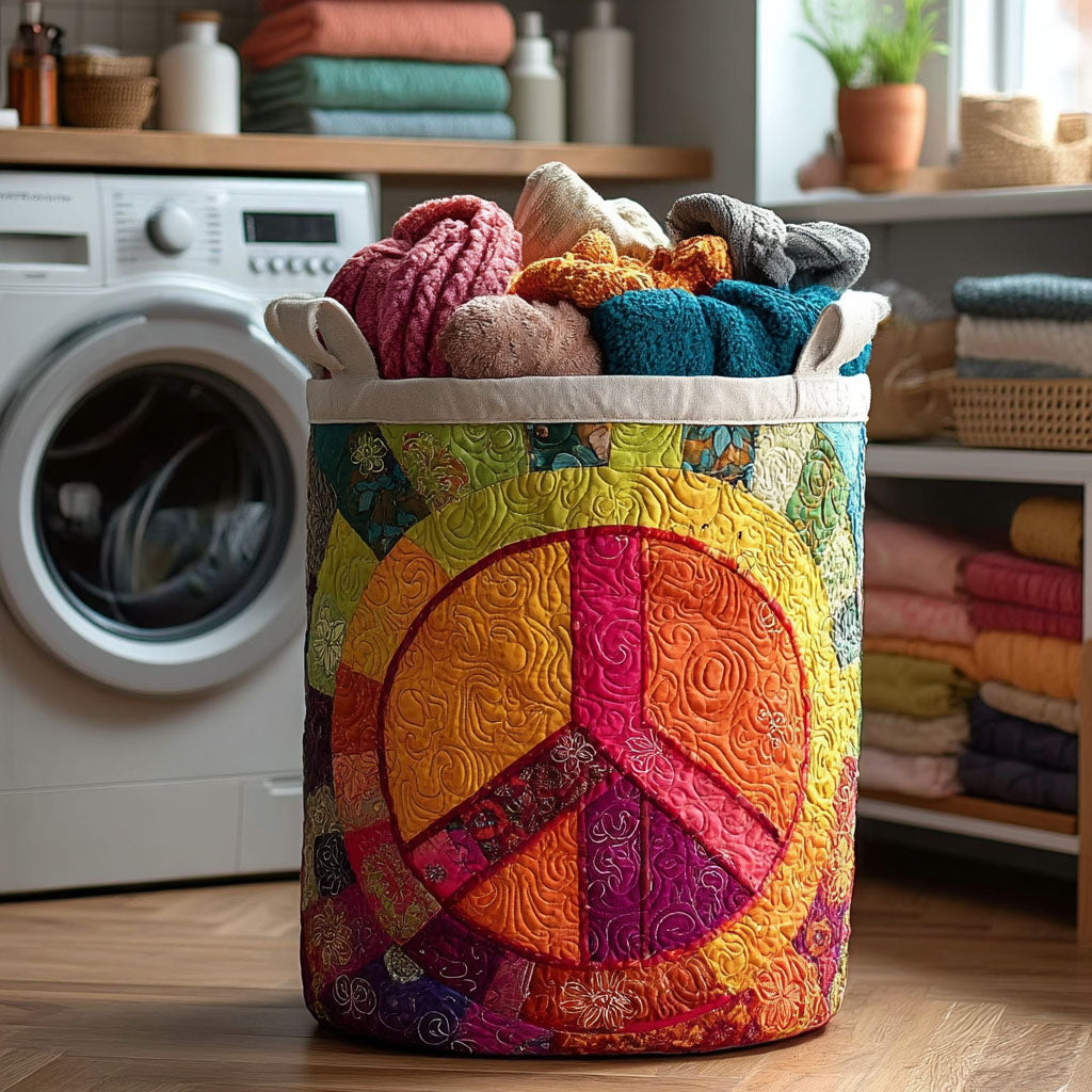 Retro Rainbow Peace Quilted Laundry Basket Merch For Her