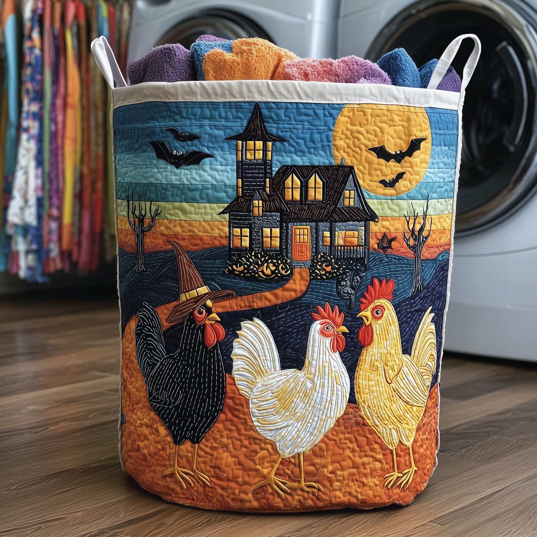 Whimsical Autumn Chicken Quilted Laundry Basket Father�s Day Merch Gift