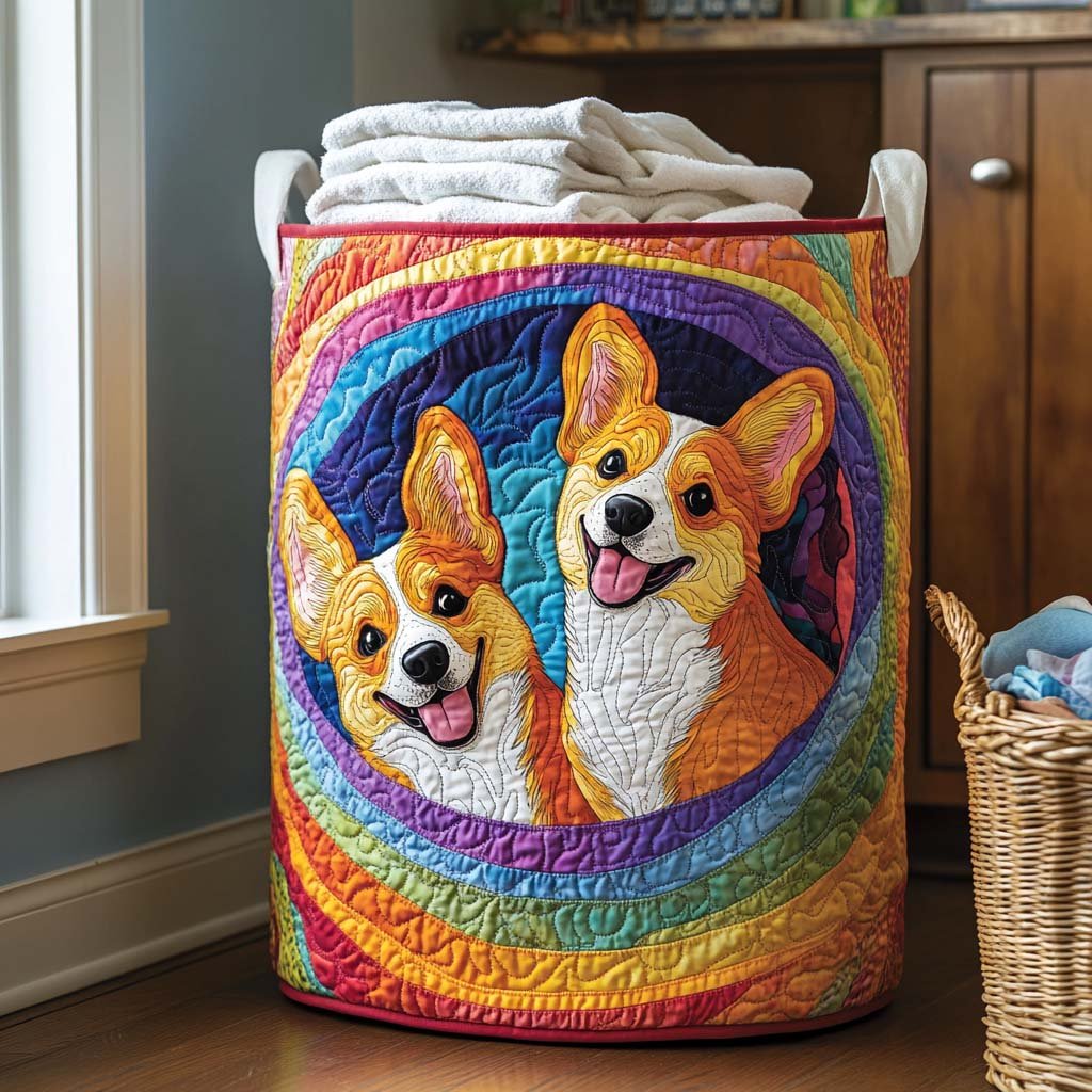Playful Corgi Rainbow Quilted Laundry Basket Merch For Friends