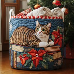 The Cat Who Read On Christmas Eve Quilted Laundry Basket Perfect Birthday Gift Idea
