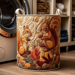 Golden Squirrel Quilted Laundry Basket Merch For Cozy Nights