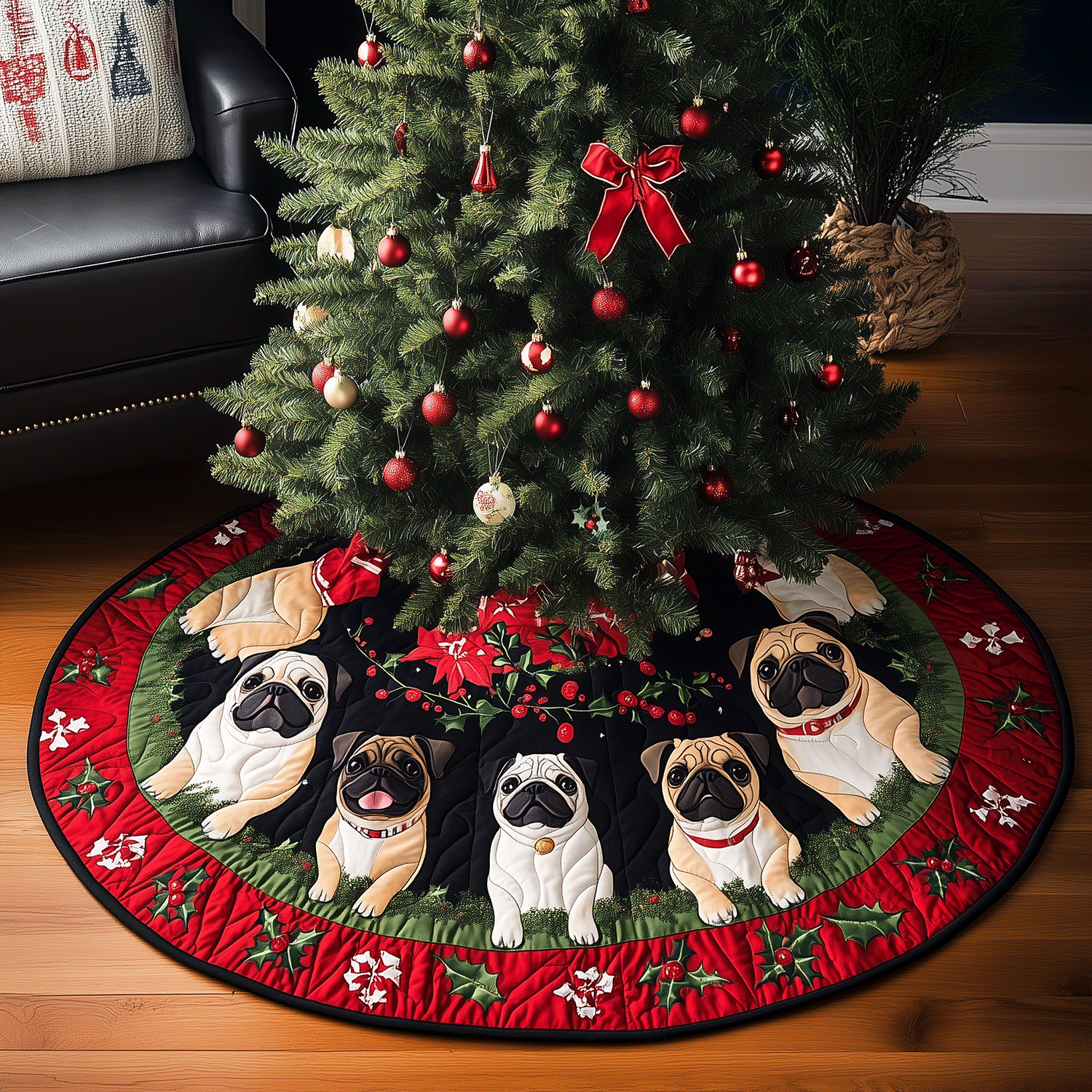 Puggy Christmas Cheer Quilted Christmas Tree Skirt Warm and Soft Christmas Tree Skirt for Winter