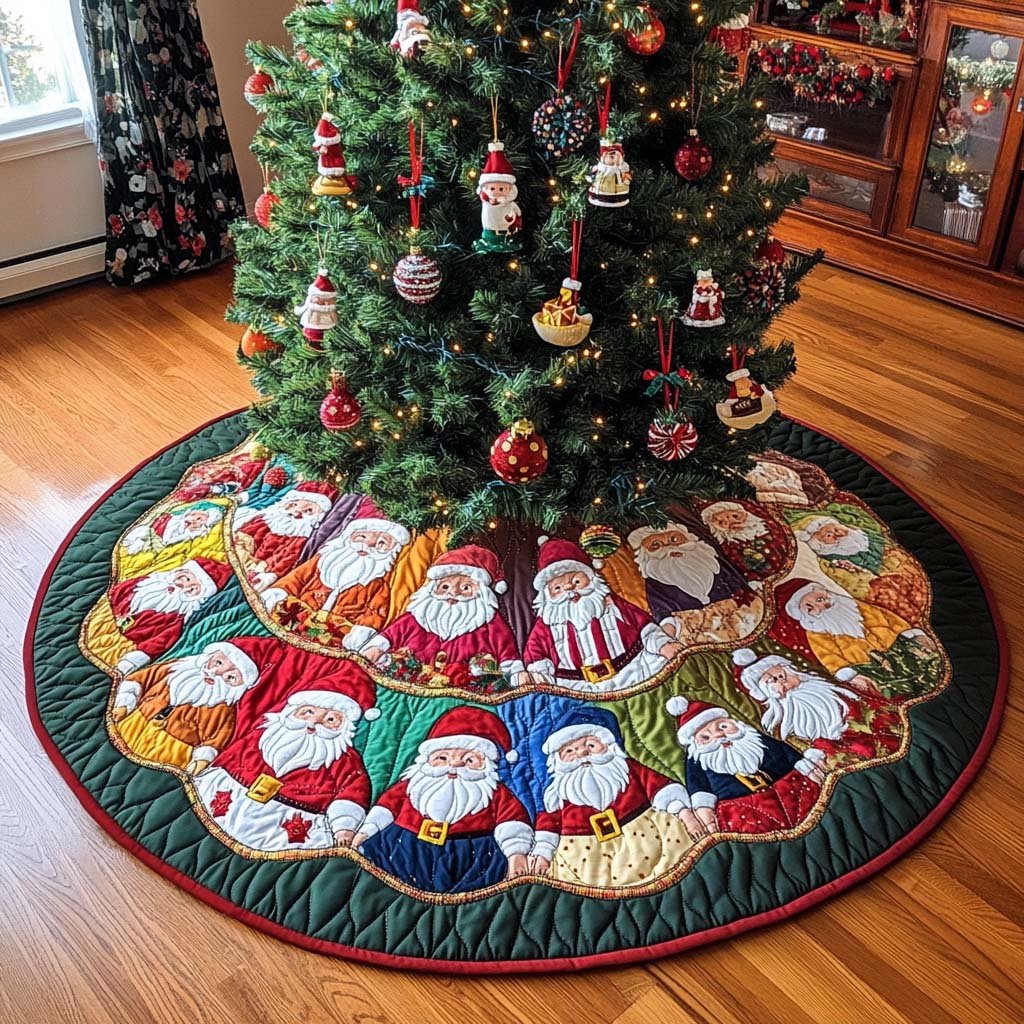 Santa Gathering Christmas Quilted Tree Skirt Cozy Holiday Tree Skirt to Brighten Your Home