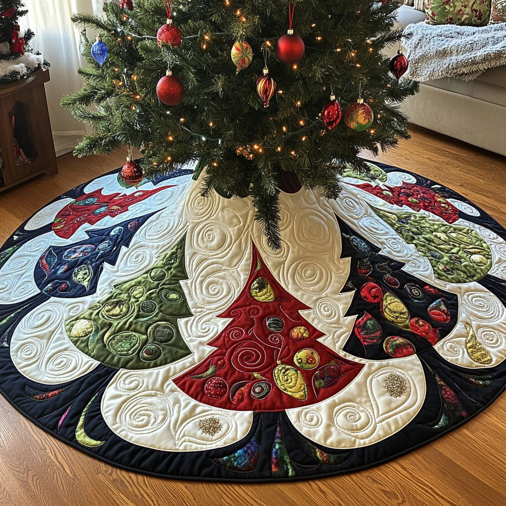 Merry Pine Splendor Quilted Christmas Tree Skirt Adorable Holiday Tree Skirt for Cozy Spaces