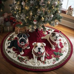 Winter Bulldog Wishes Quilted Christmas Tree Skirt Adorable Holiday Tree Skirt for Cozy Spaces