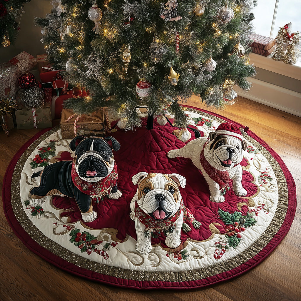 Winter Bulldog Wishes Quilted Christmas Tree Skirt Adorable Holiday Tree Skirt for Cozy Spaces