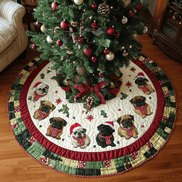 Pug Xmas Joy Christmas Quilted Tree Skirt Classic Red and White Tree Skirt for Traditional Decor