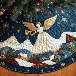 Snowy Song Christmas Quilted Tree Skirt Classic Red and White Tree Skirt for Traditional Decor