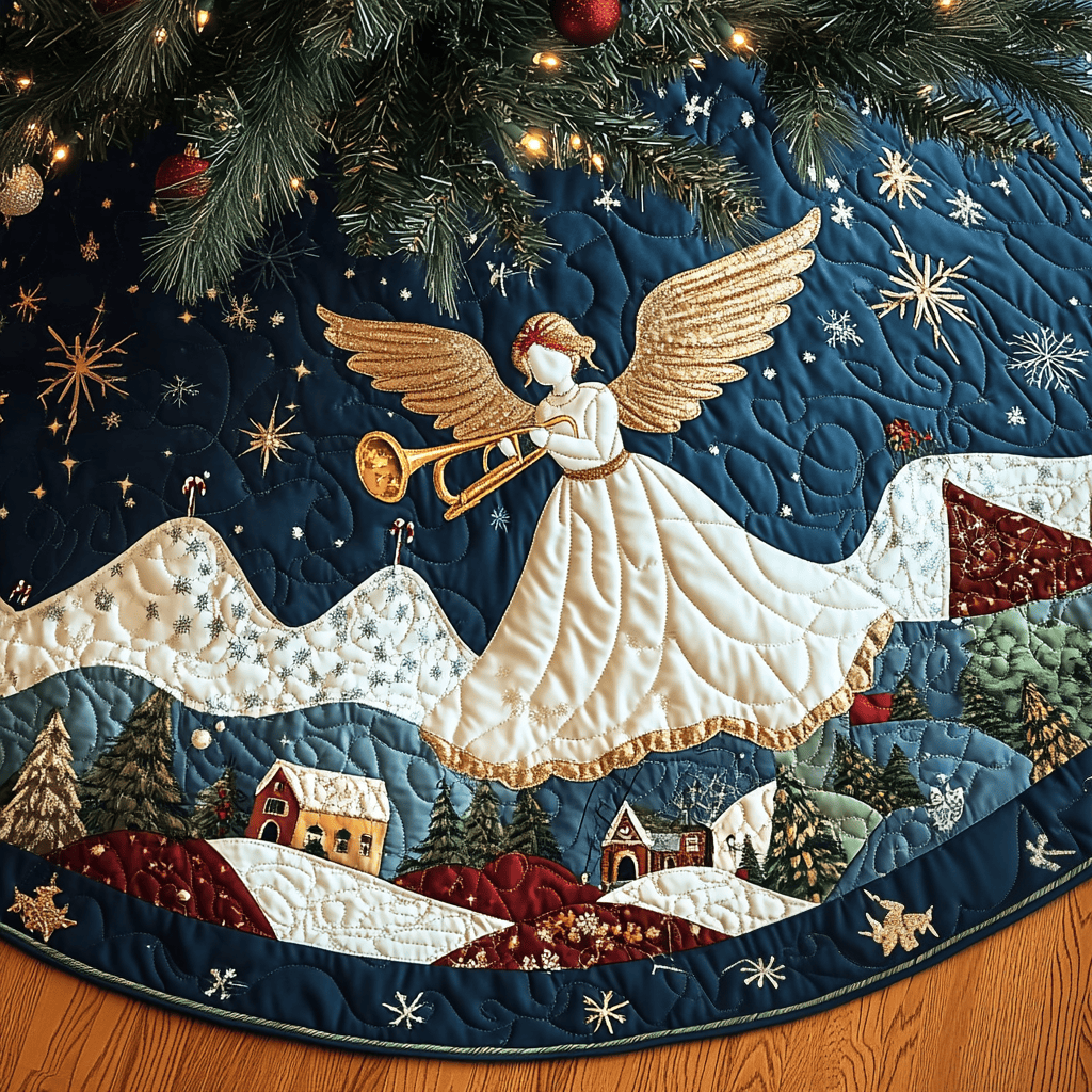 Snowy Song Christmas Quilted Tree Skirt Classic Red and White Tree Skirt for Traditional Decor