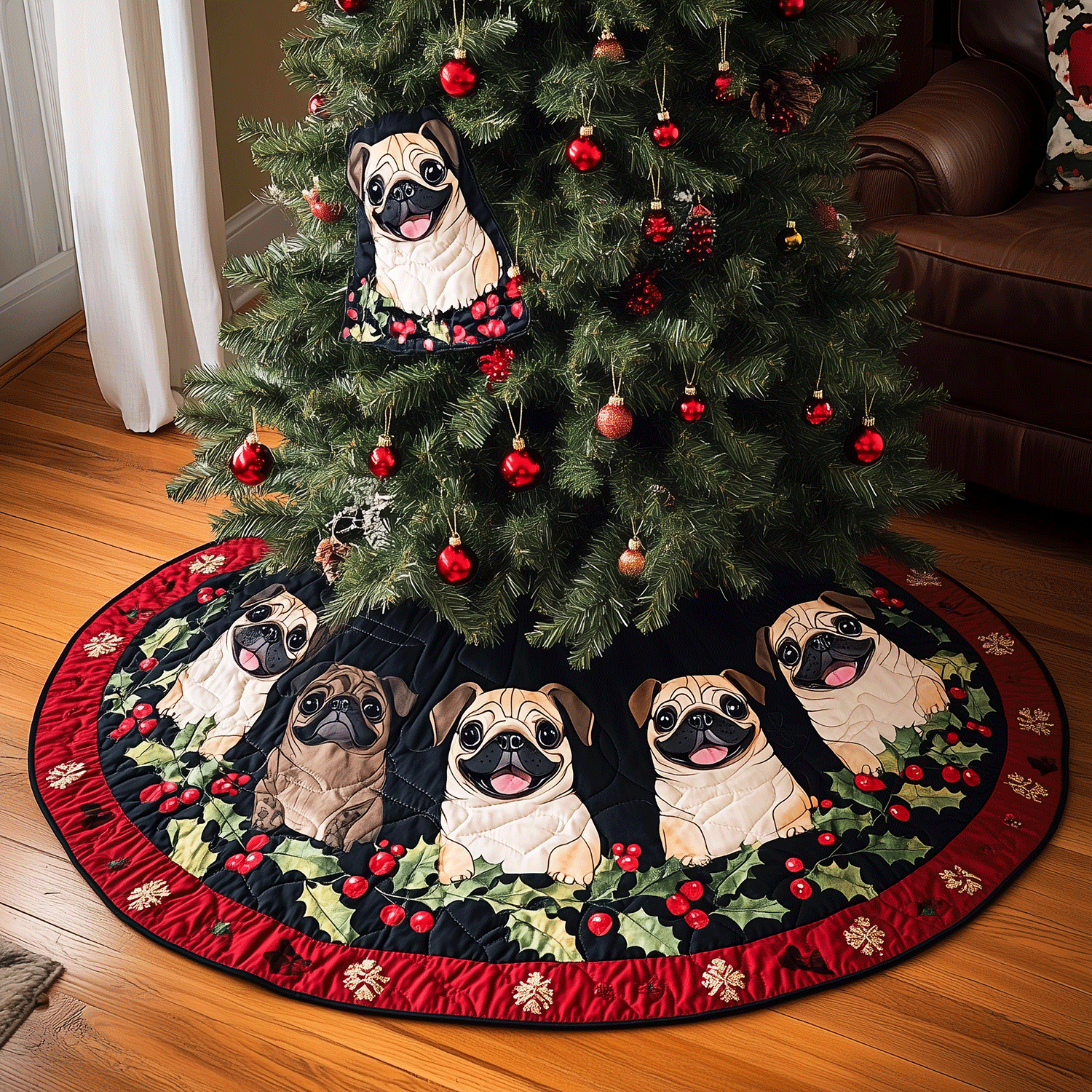 Pug Yuletide Delight Quilted Christmas Tree Skirt Adorable Holiday Tree Skirt for Cozy Spaces