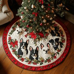 Snowflake Boston Terrier Delight Christmas Quilted Tree Skirt Seasonal Gift Merch for Festive Homes