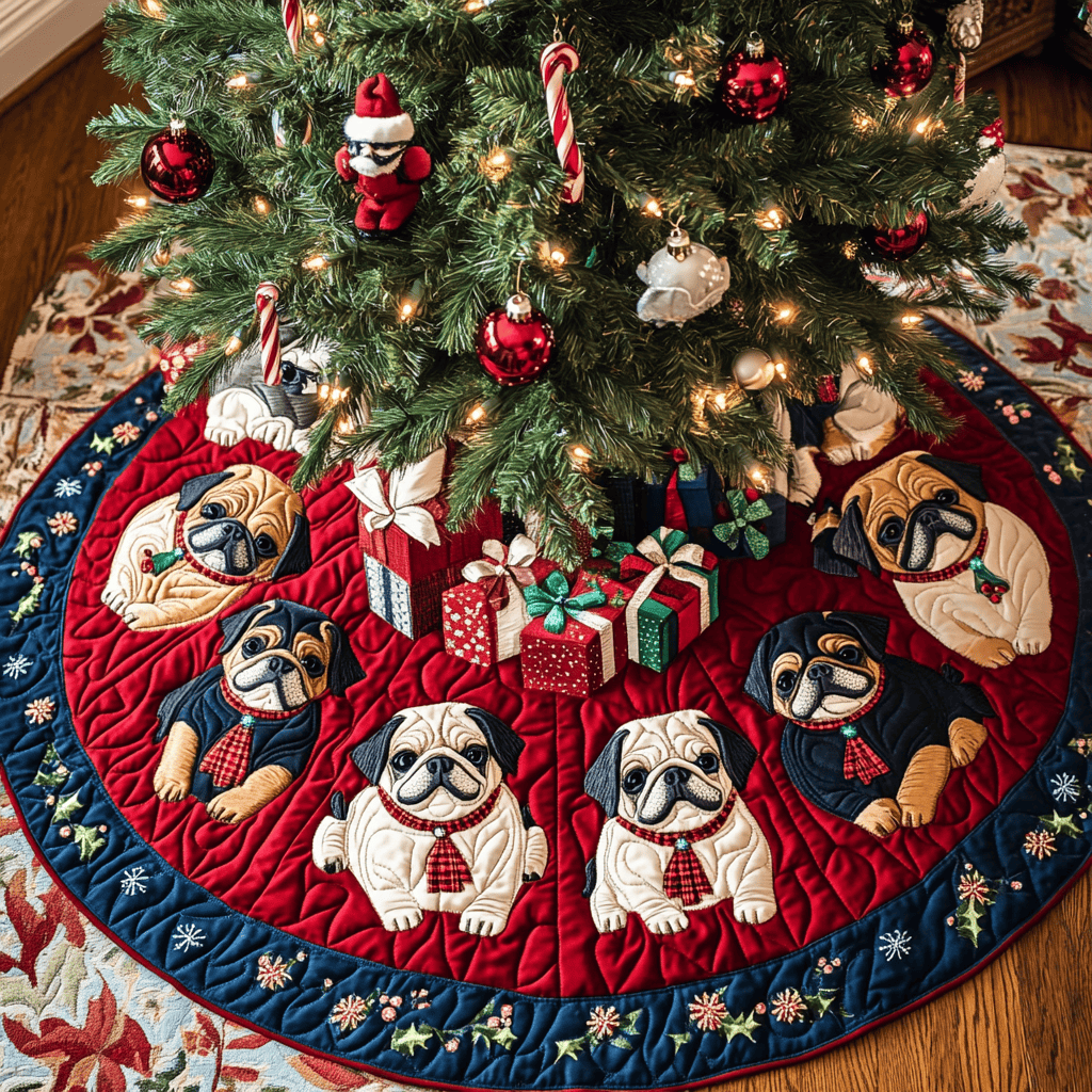 Pug Noel Night Christmas Quilted Tree Skirt Trending Christmas Tree Skirt Merch 2025