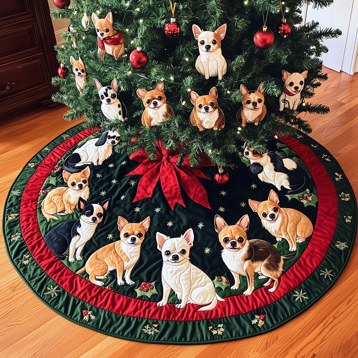 Tiny Festive Paws Quilted Christmas Tree Skirt Perfect Tree Skirt Gift for Mom or Grandma