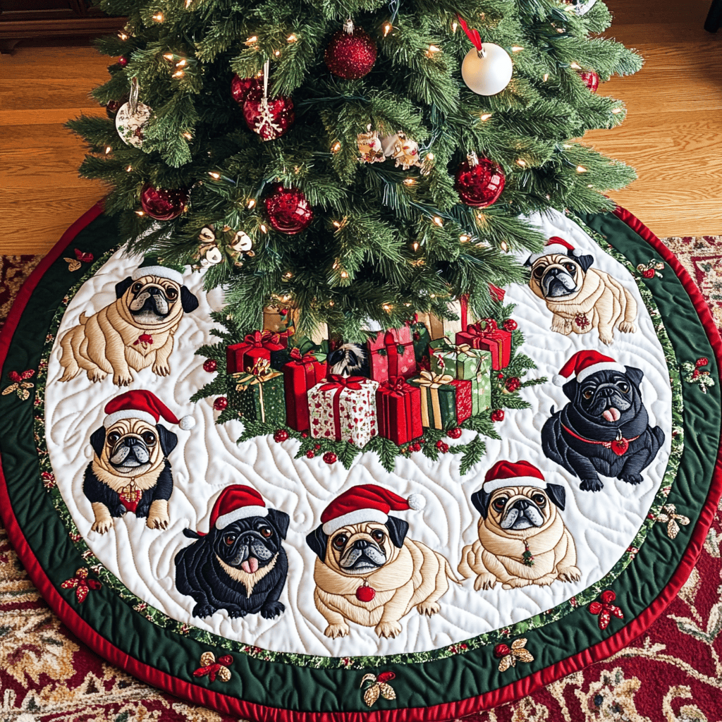 Pug Spirit Christmas Quilted Tree Skirt Exclusive Christmas Tree Skirt Merch Collection
