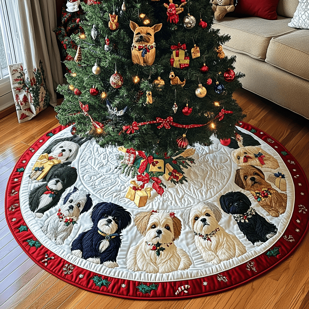Shih Tzu Holiday Spirit Christmas Quilted Tree Skirt Adorable Holiday Tree Skirt for Cozy Spaces