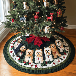 Terrier Christmas Charm Quilted Christmas Tree Skirt Classic Red and White Tree Skirt for Traditional Decor
