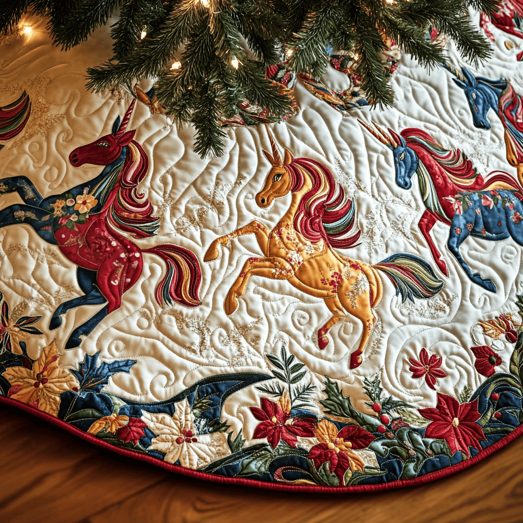 Poinsettia Prance Christmas Quilted Tree Skirt Perfect Holiday Gift for Home Decor Lovers