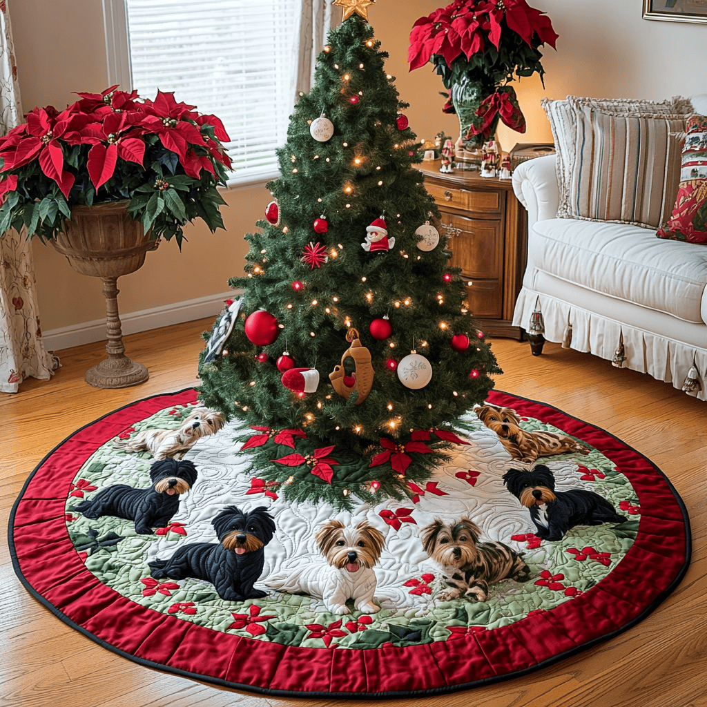 Scottie Under The Mistletoe Christmas Quilted Tree Skirt Classic Red and White Tree Skirt for Traditional Decor