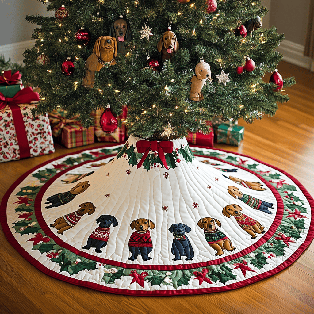 Long Dog Love Christmas Quilted Tree Skirt Lovely Holiday Tree Skirt for Festive Vibes