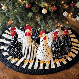 Whimsical Hens Quilted Christmas Tree Skirt Classic Red and White Tree Skirt for Traditional Decor