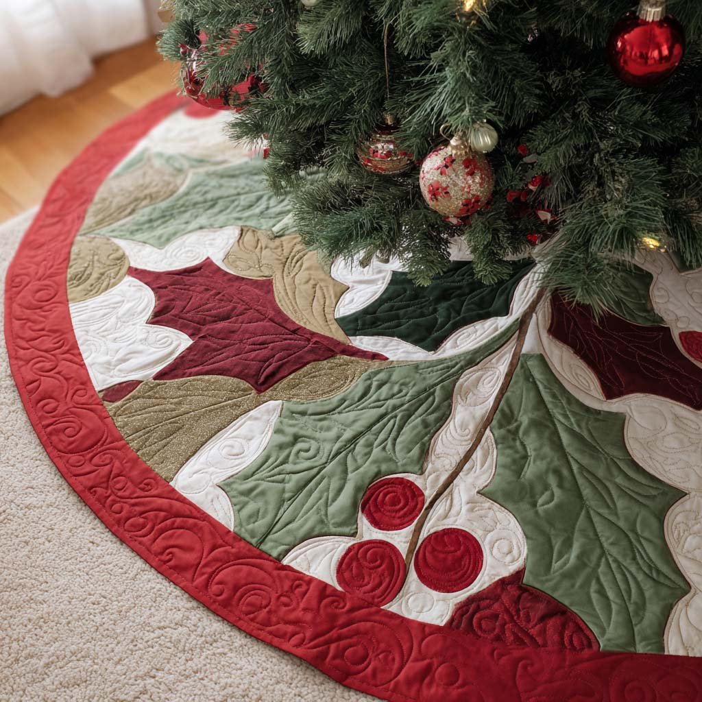 Winterberry Delight Christmas Quilted Tree Skirt Special Holiday Tree Skirt Gift for Newlyweds
