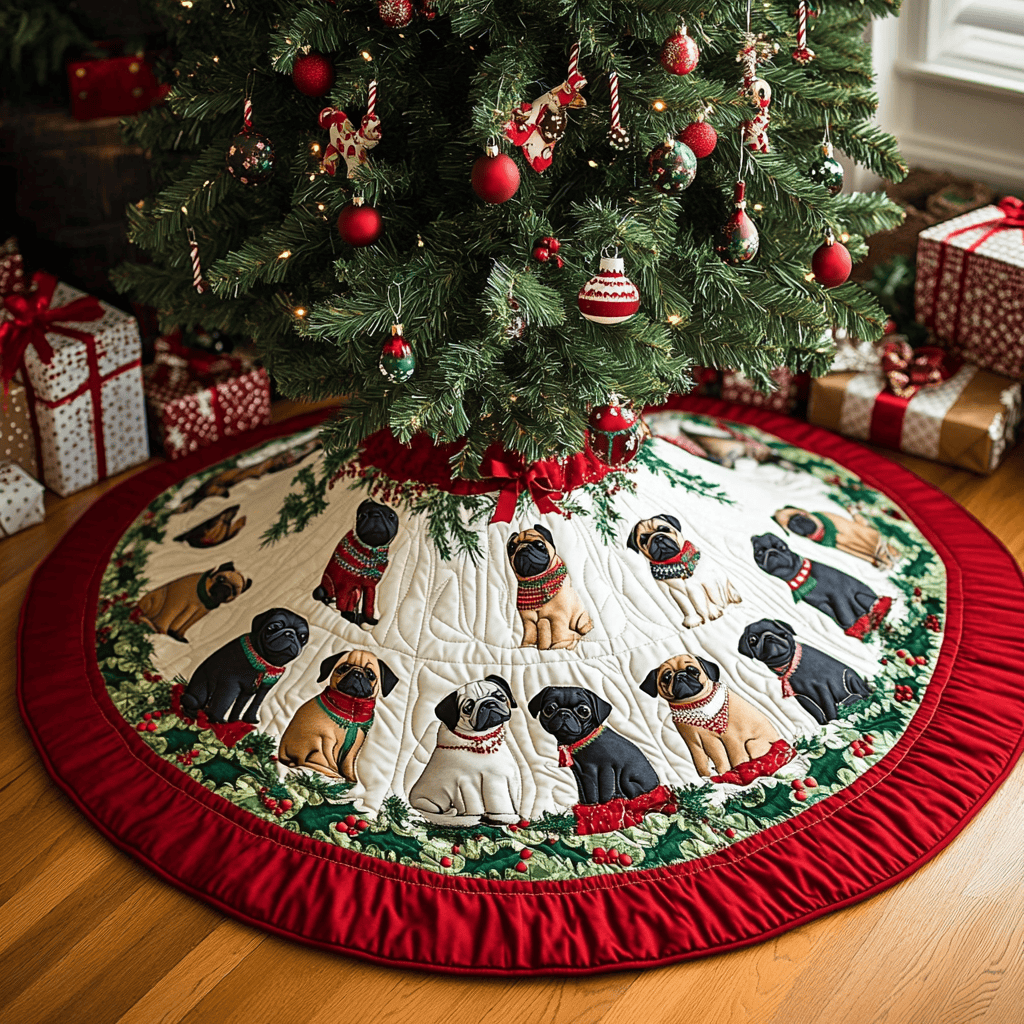 Pug Noel Night Christmas Quilted Tree Skirt Perfect Merch Gift Tree Skirt for Holiday Season
