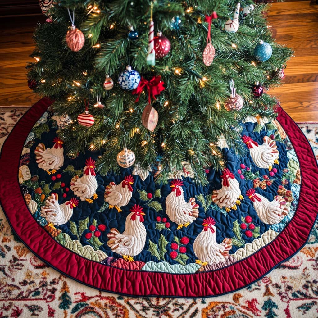 Rooster Winter Waltz Christmas Quilted Tree Skirt Thoughtful Christmas Tree Skirt Gift Idea