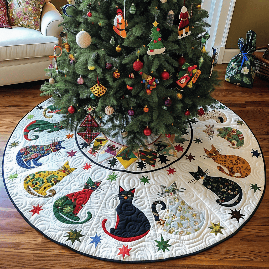 Mistletoe Meows Christmas Quilted Tree Skirt Custom Christmas Tree Skirt Merch for Your Family