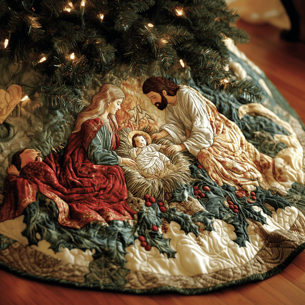 Peaceful Nativity Christmas Quilted Tree Skirt Seasonal Gift Merch for Festive Homes