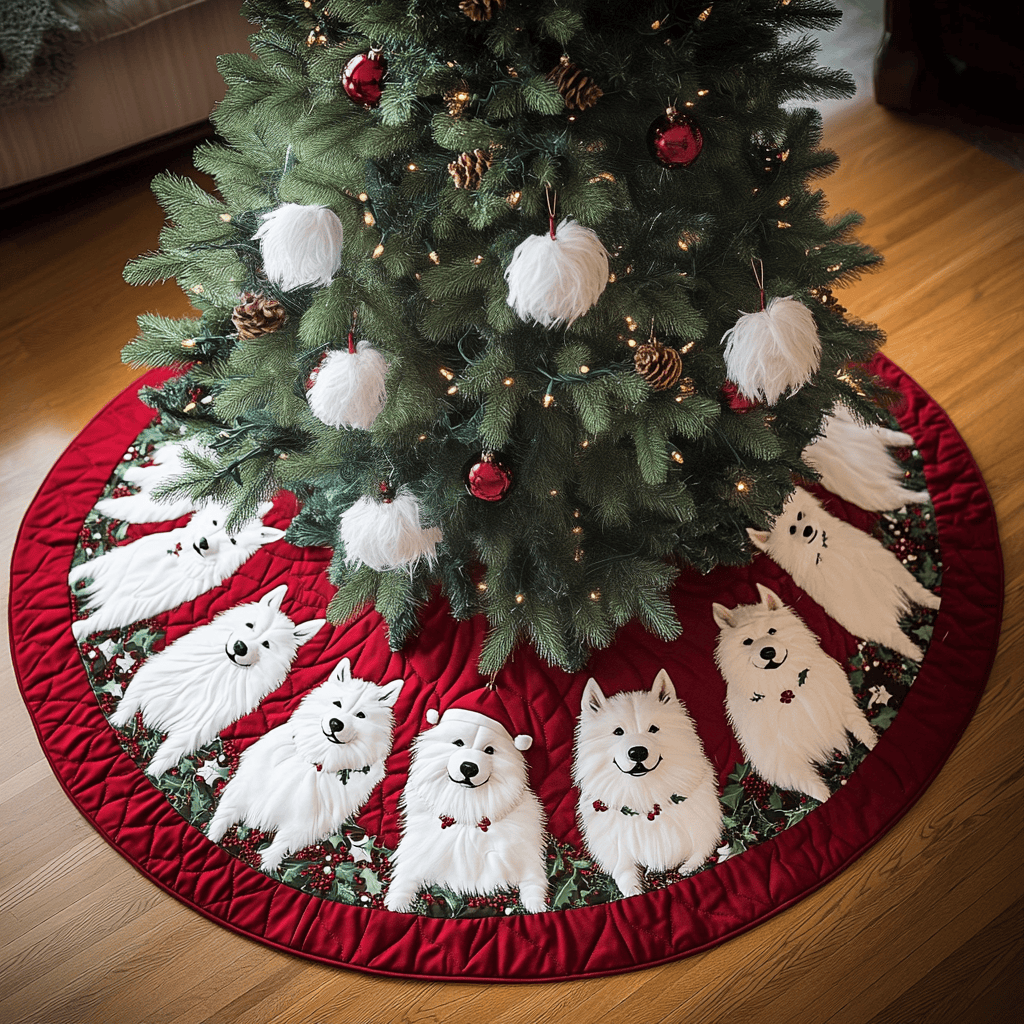 Samoyed Christmas Joy Christmas Quilted Tree Skirt Lovely Gift Merch for a Festive Home