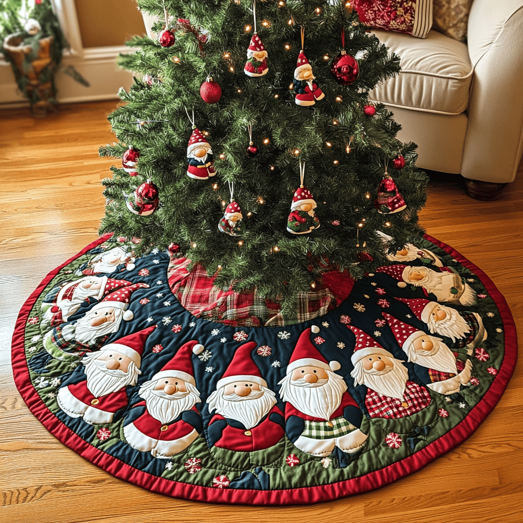 Little Gnome Christmas Quilted Tree Skirt Charming Tree Skirt for Family Gatherings