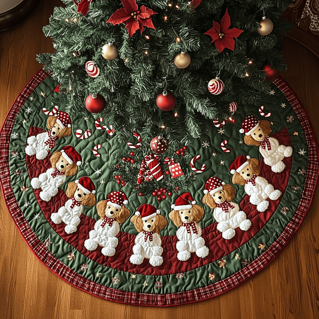 Poodle Holiday Spirit Christmas Quilted Tree Skirt Lovely Holiday Tree Skirt for Festive Vibes