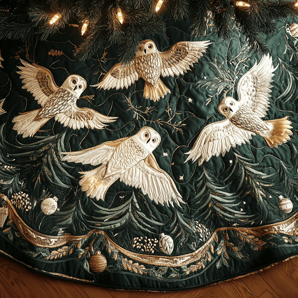 Midnight Snow Owls Christmas Quilted Tree Skirt Magical Christmas Tree Skirt to Impress Guests