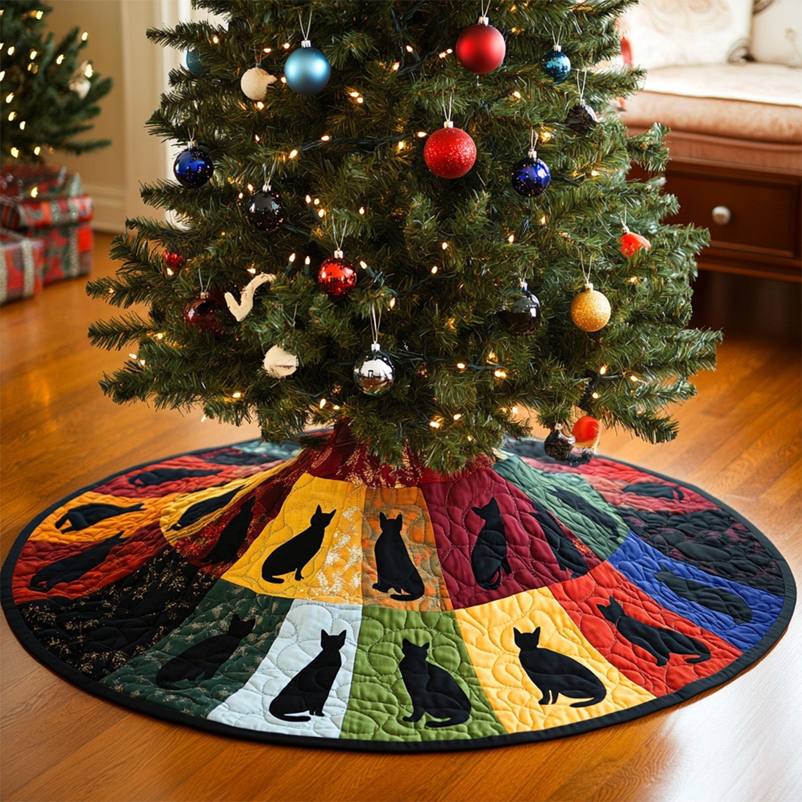 Shadowy Companions Quilted Christmas Tree Skirt Classic Red and White Tree Skirt for Traditional Decor