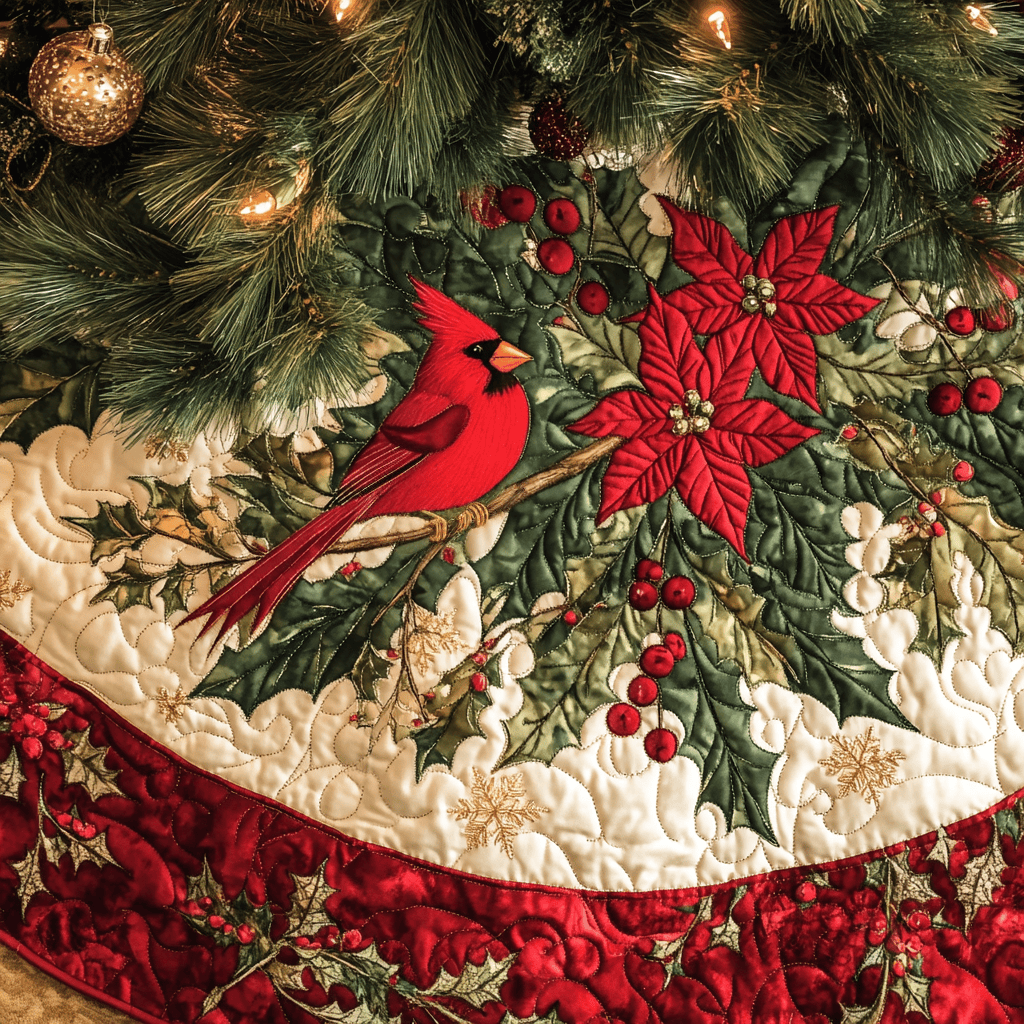 Winter Redbirds Christmas Quilted Tree Skirt Heartwarming Christmas Tree Skirt Gift for Loved Ones