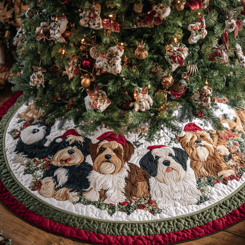 Yorkshires Dream Christmas Quilted Tree Skirt Unique Holiday Gift Merch for Family Homes