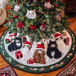 Purrfect Noel Christmas Quilted Tree Skirt Unique Holiday Gift Merch for Family Homes