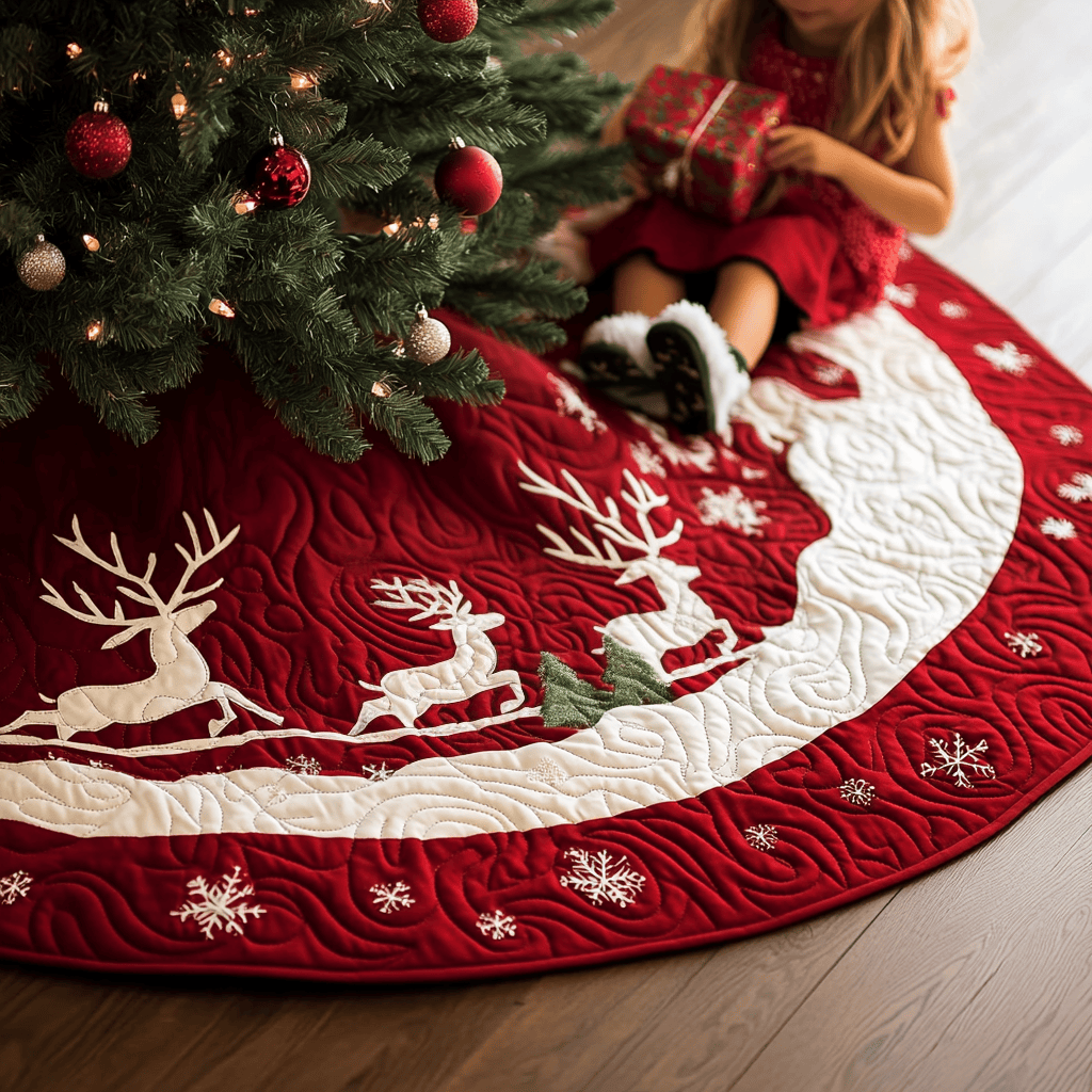 Snow Reindeer Quilted Christmas Tree Skirt Festive Christmas Tree Skirt for Holiday Decor Holiday Merch That Completes Your Christmas Setup