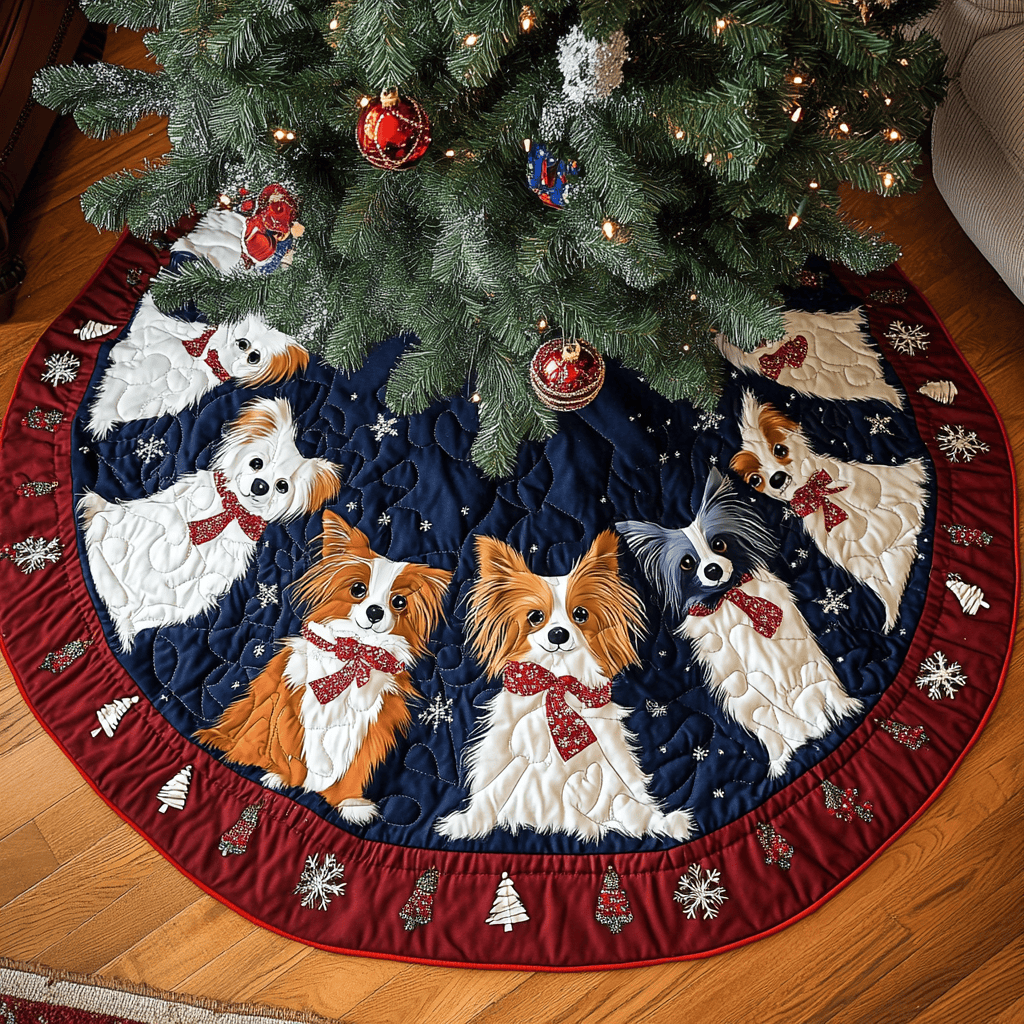 Papillon Xmas Joy Christmas Quilted Tree Skirt Lovely Gift Merch for a Festive Home