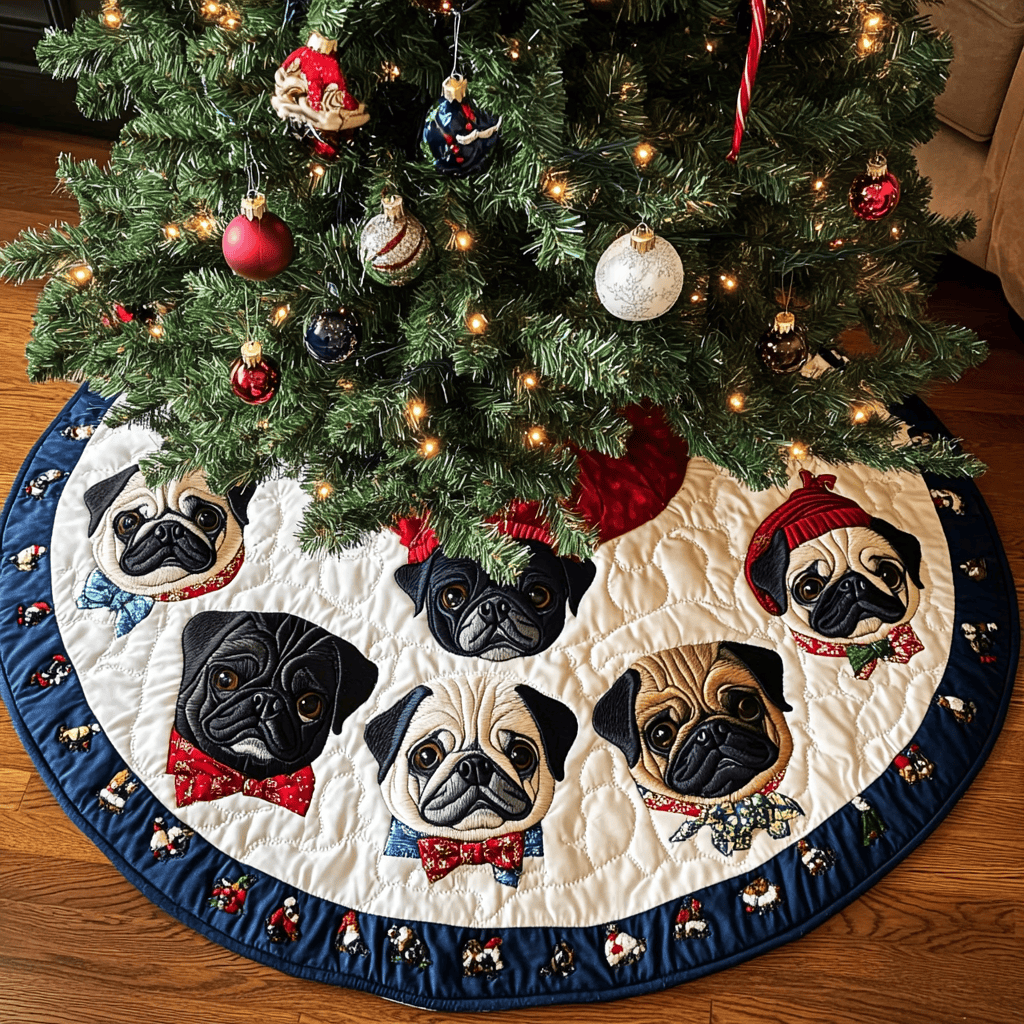 Pug Christmas Charm Christmas Quilted Tree Skirt Lovely Holiday Tree Skirt for Festive Vibes