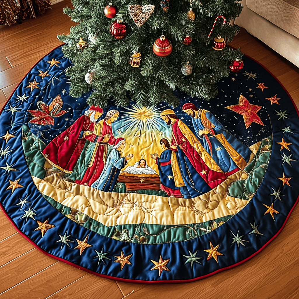 Stable Stars Christmas Quilted Tree Skirt Charming Tree Skirt for Family Gatherings