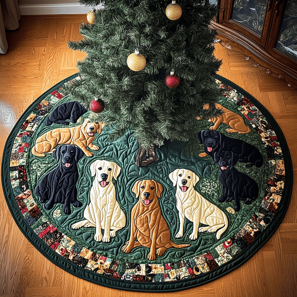 Labrador Sleigh Ride Christmas Quilted Tree Skirt Festive Christmas Tree Skirt for Holiday Decor