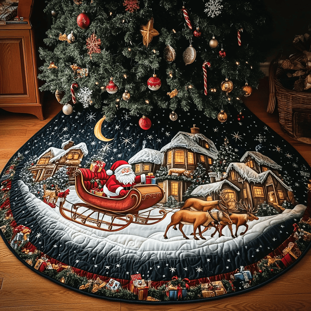Reindeer Ride Christmas Quilted Tree Skirt Exclusive Holiday Tree Skirt Gift for Families