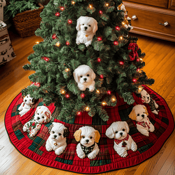 Merry Bichon Delight Christmas Quilted Tree Skirt Custom Christmas Tree Skirt Merch for Your Family