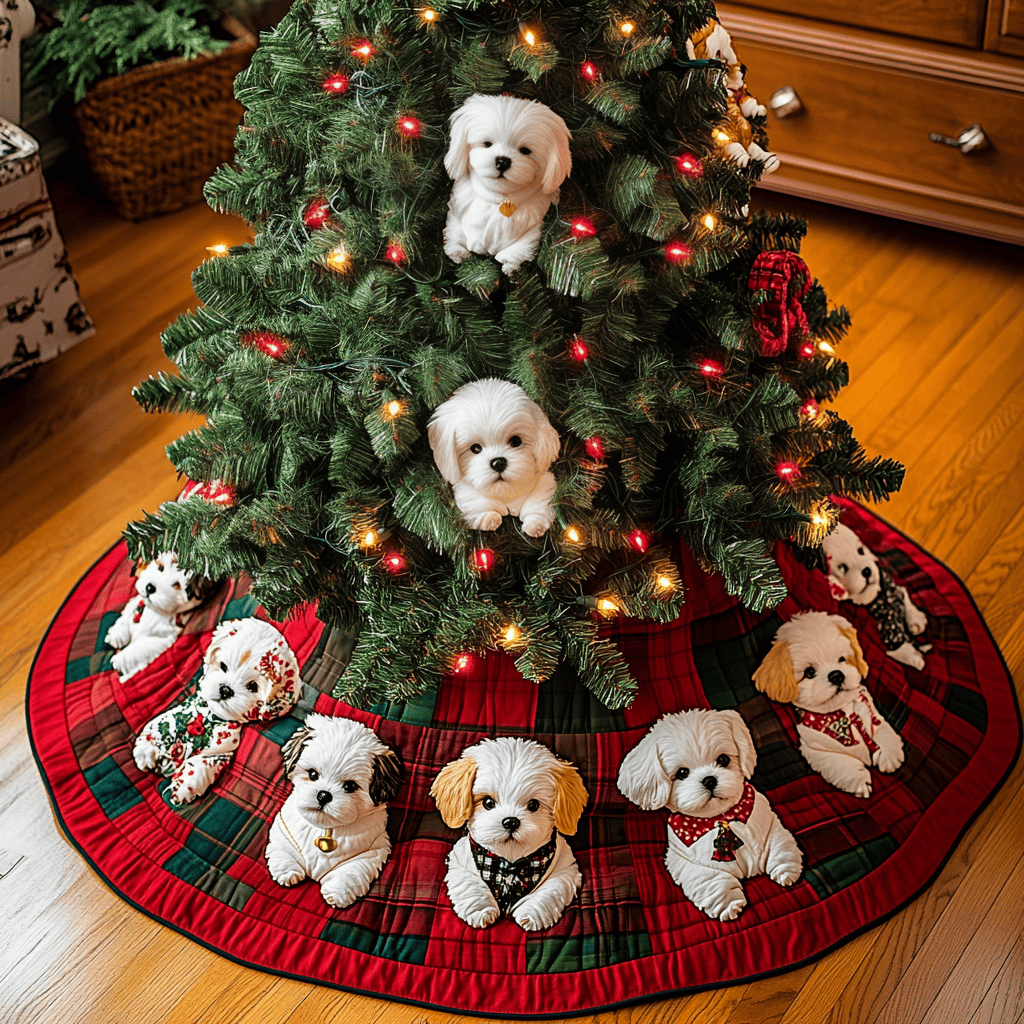 Merry Bichon Delight Christmas Quilted Tree Skirt Custom Christmas Tree Skirt Merch for Your Family