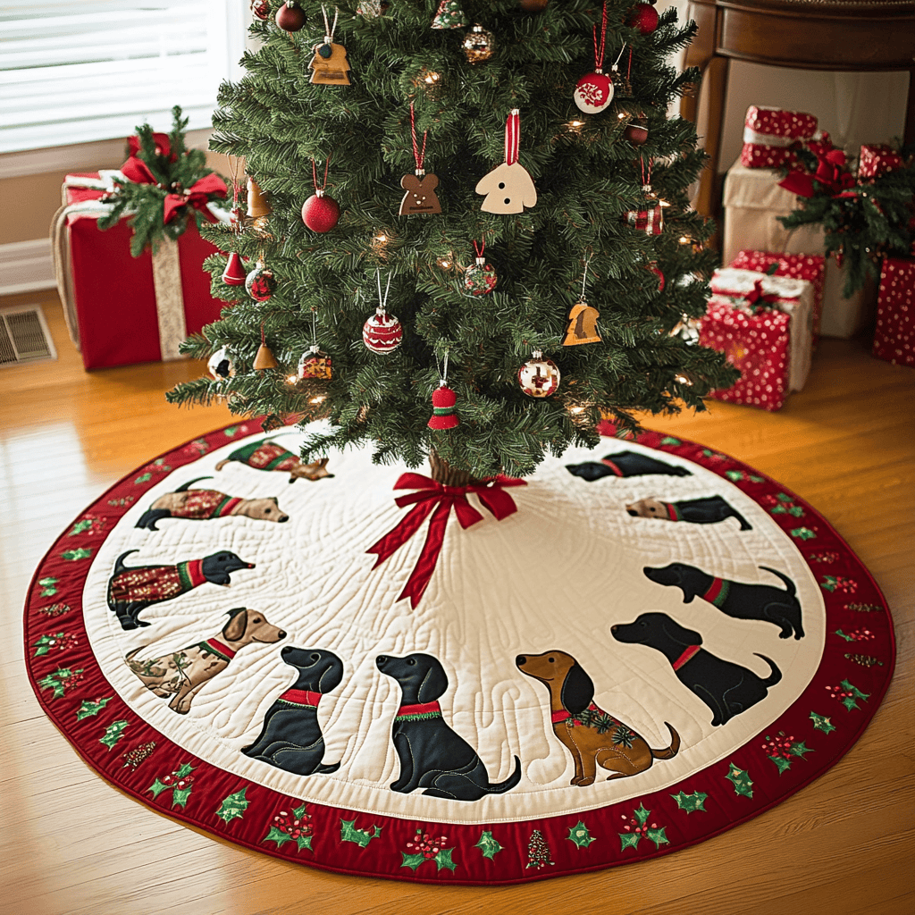 Merry Dachshund Dreams Chritstmas Quilted Tree Skirt Warm and Soft Christmas Tree Skirt for Winter