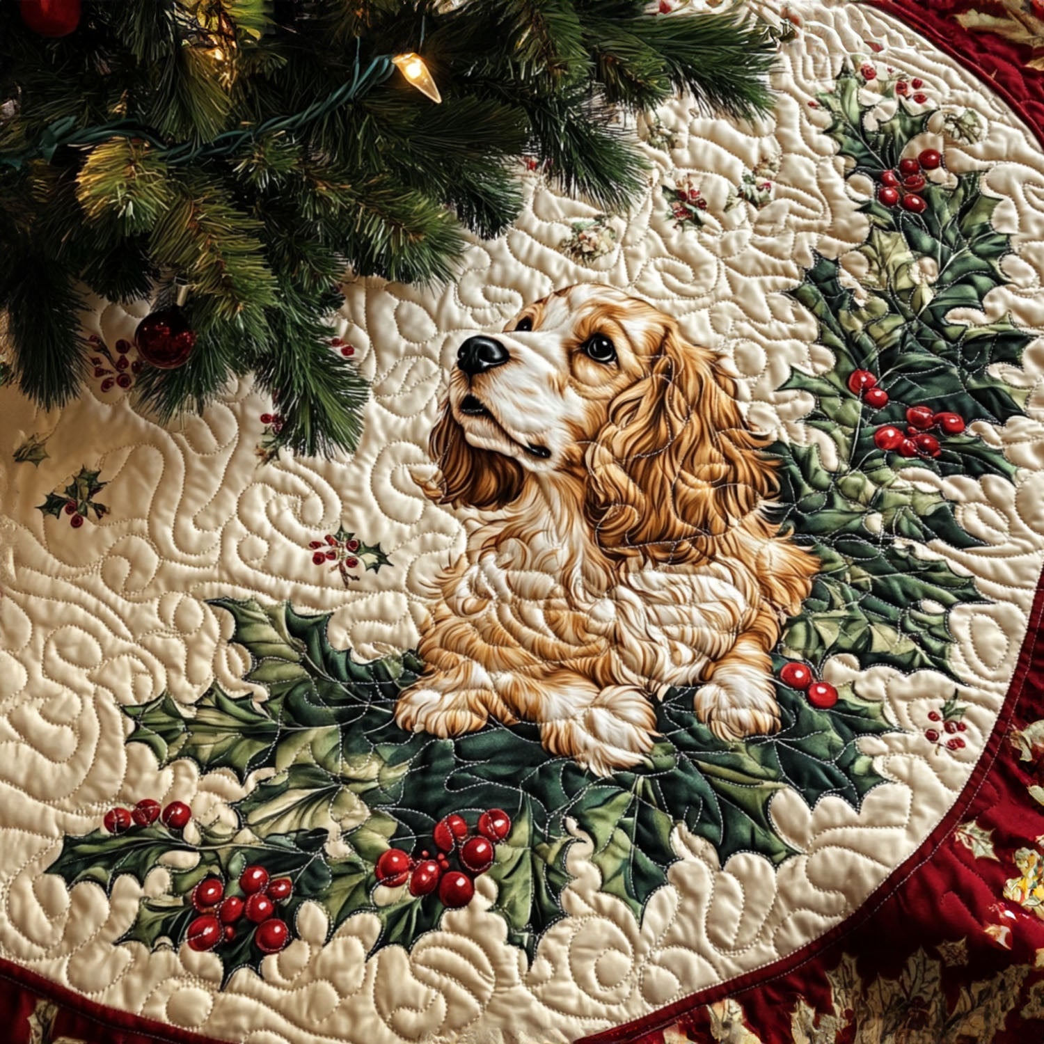 Loyal Spaniel Quilted Christmas Tree Skirt Popular Gift Merch for Christmas Enthusiasts