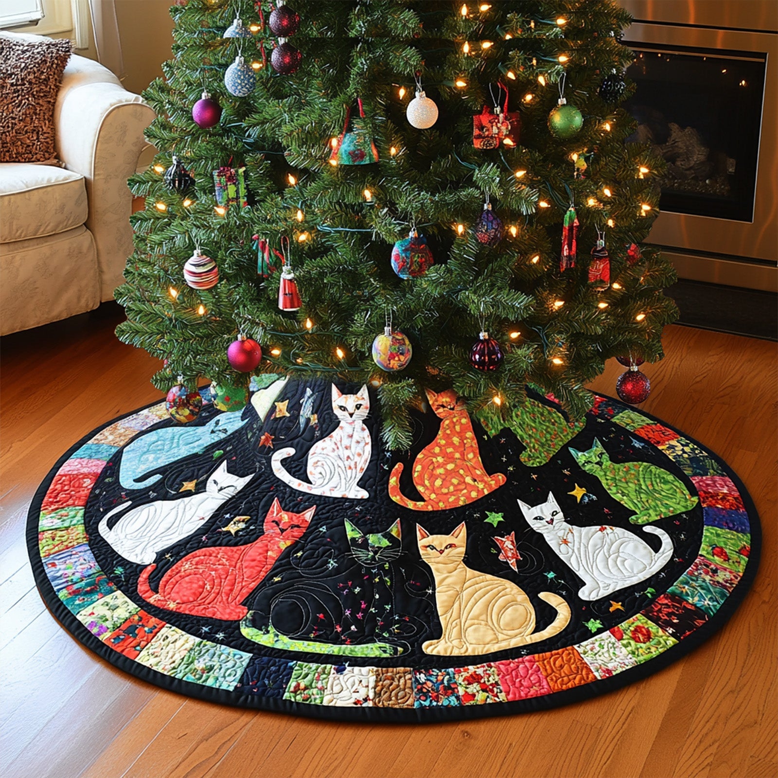 Midnight Paws Quilted Christmas Tree Skirt Lovely Holiday Tree Skirt for Festive Vibes